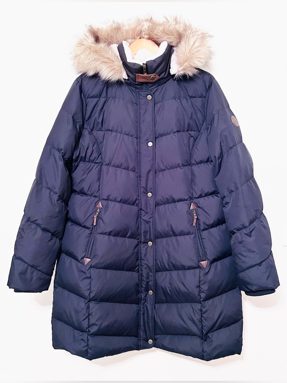 Ralph Lauren Navy Blue Puffer Parka Coat w/ Faux Fur Trim Hood Leather Accents